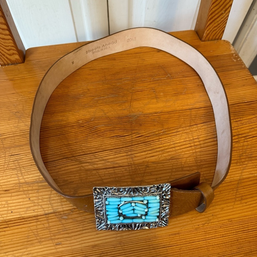 Streets Ahead Anthropologie Made in USA Brown Leather Belt with Turquoise Buckle